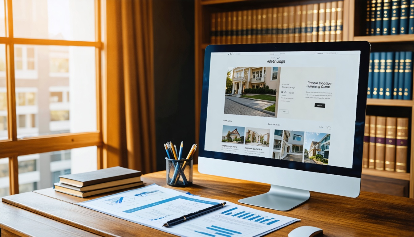 Estate planning attorney consulting with clients at a modern law office desk with computer showing website mockup