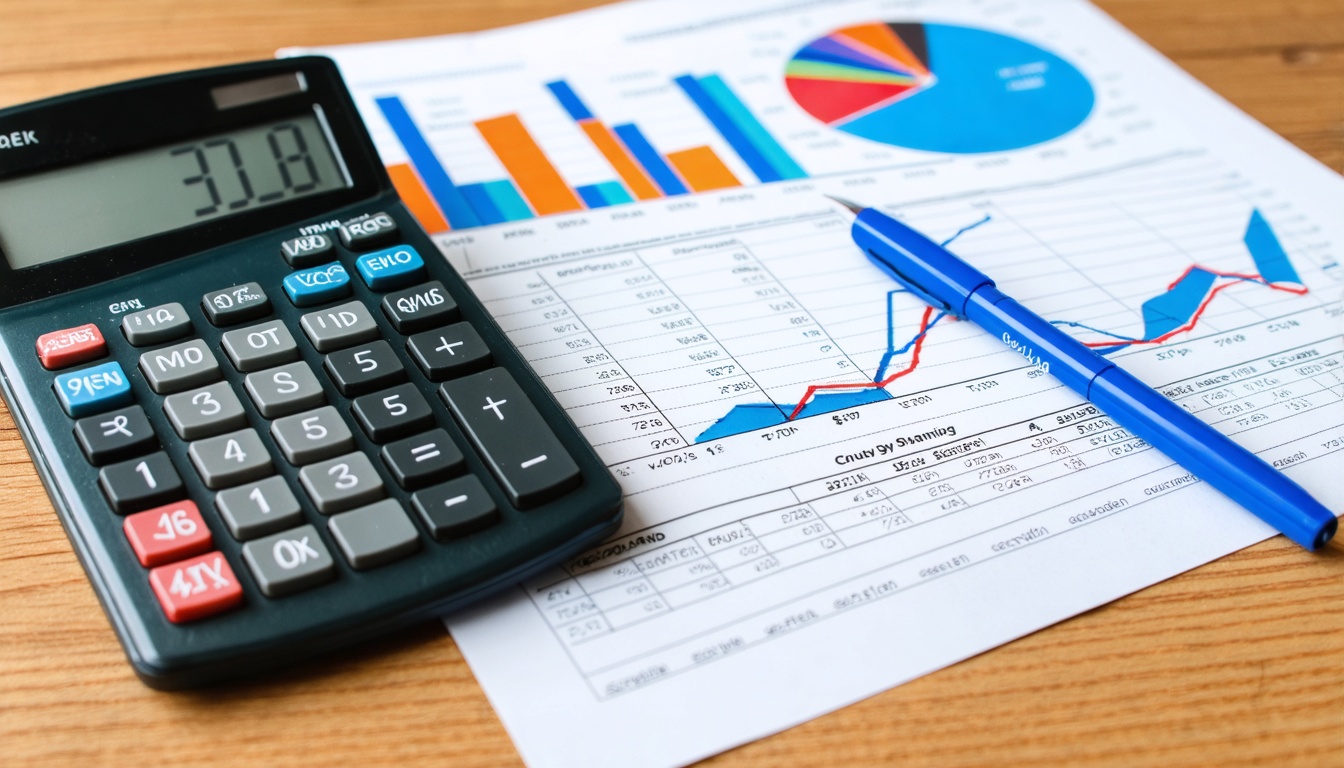 Closeup of budget planning documents with calculator, spreadsheet showing website pricing, and financial charts on wooden desk