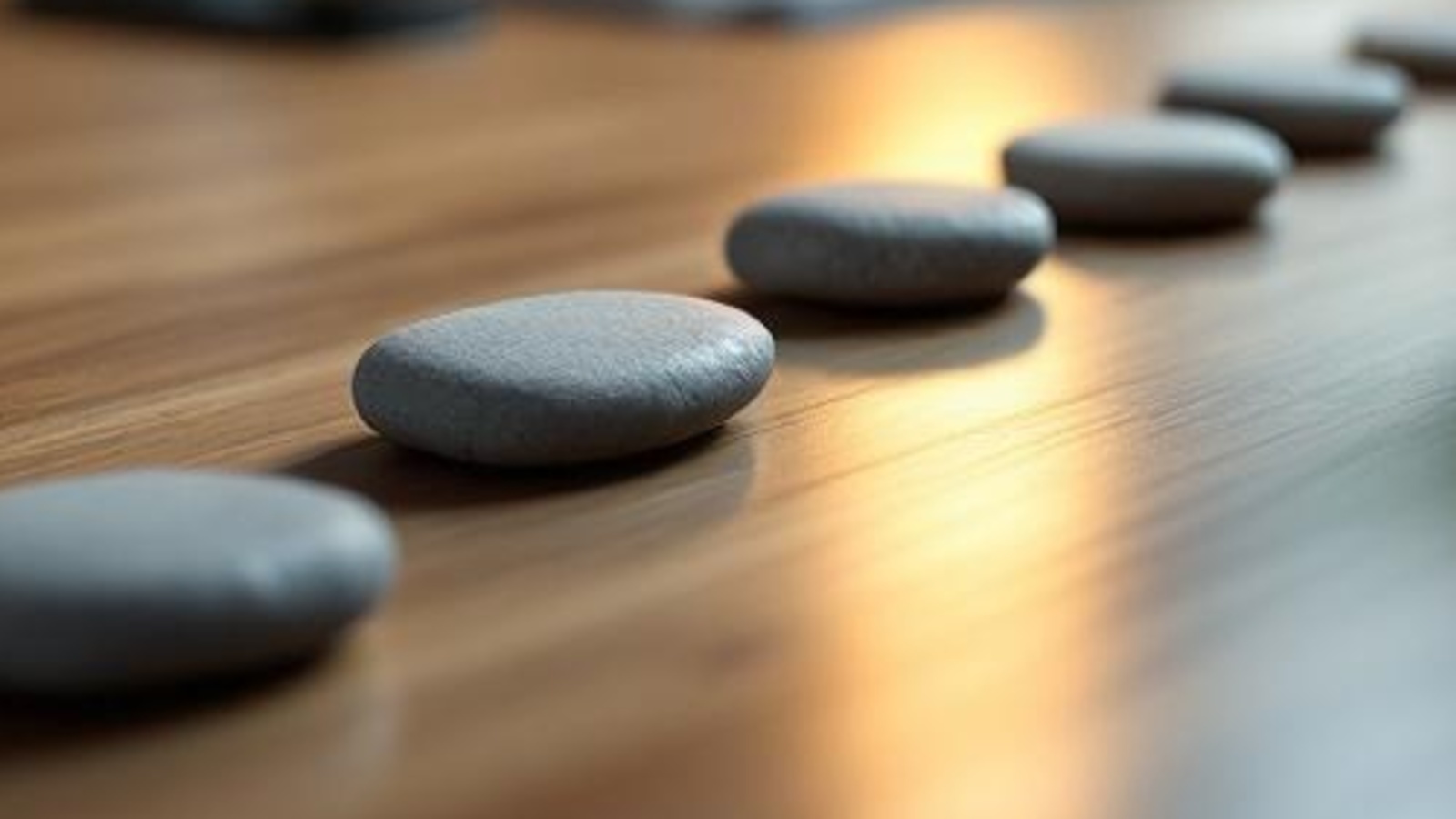 Smooth gray stones arranged in a calm path across a warm wooden tabletop, symbolizing ranked lead sources for a law firm.