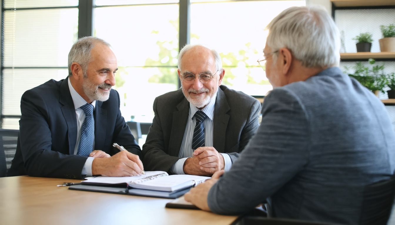 Estate planning attorney meeting with clients in a bright modern law office