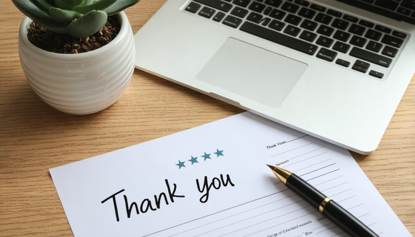 Desk with thank-you note, five-star review card, and laptop in a professional office