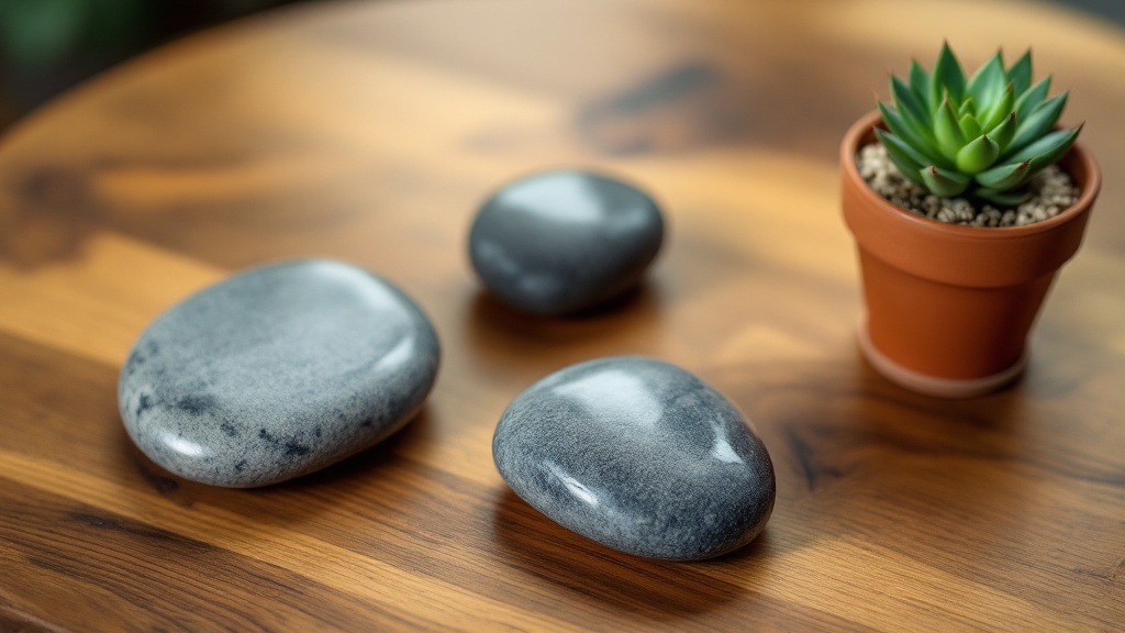 Three smooth grey river stones arranged on a warm oak tabletop beside a small succulent in a clay pot, natural side lighting