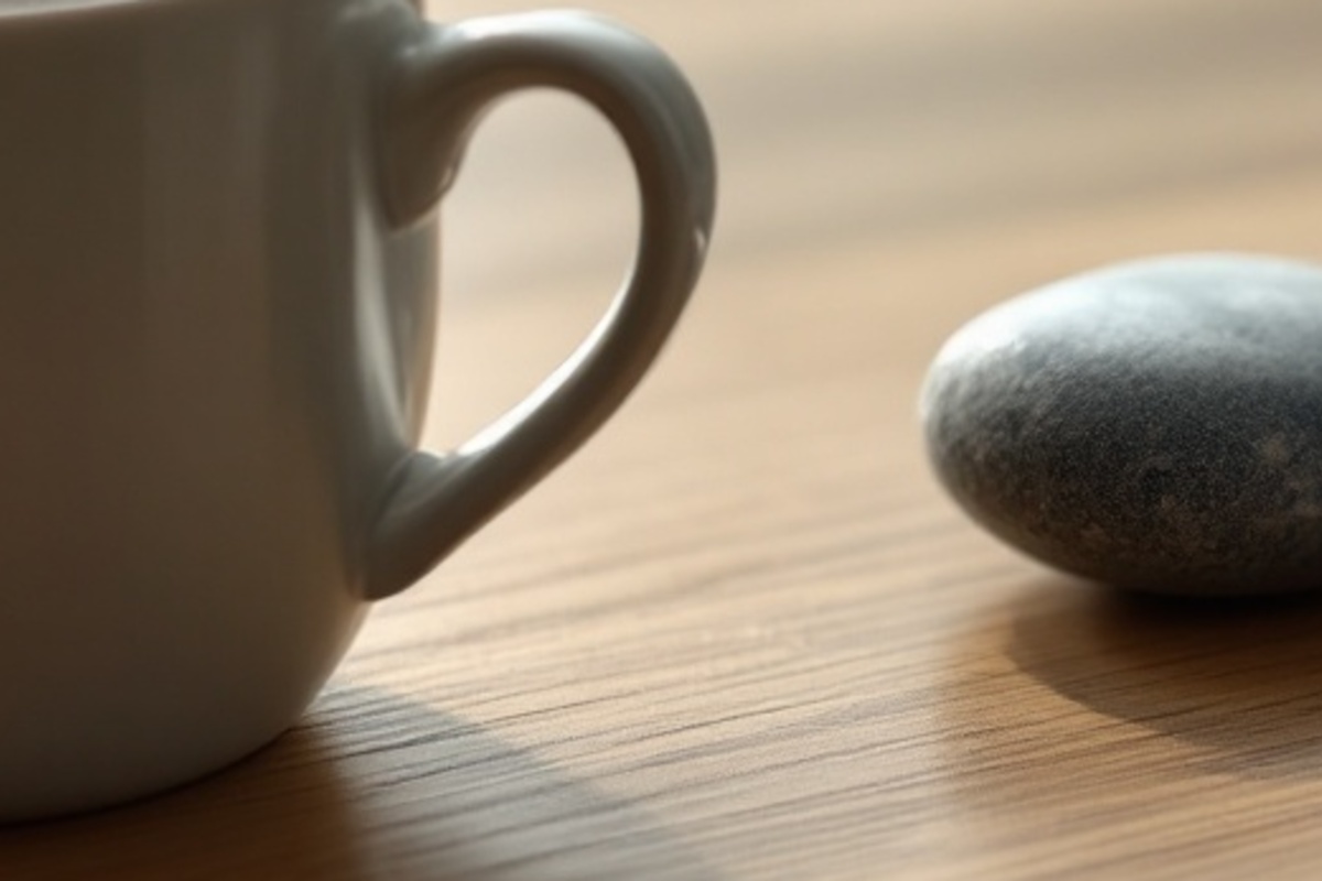 Ceramic coffee mug and smooth river stone on a warm wooden tabletop, soft natural light