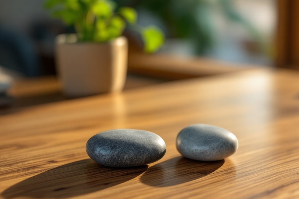Small green succulent plant and smooth rounded stones on a warm wooden desk surface in soft natural window light