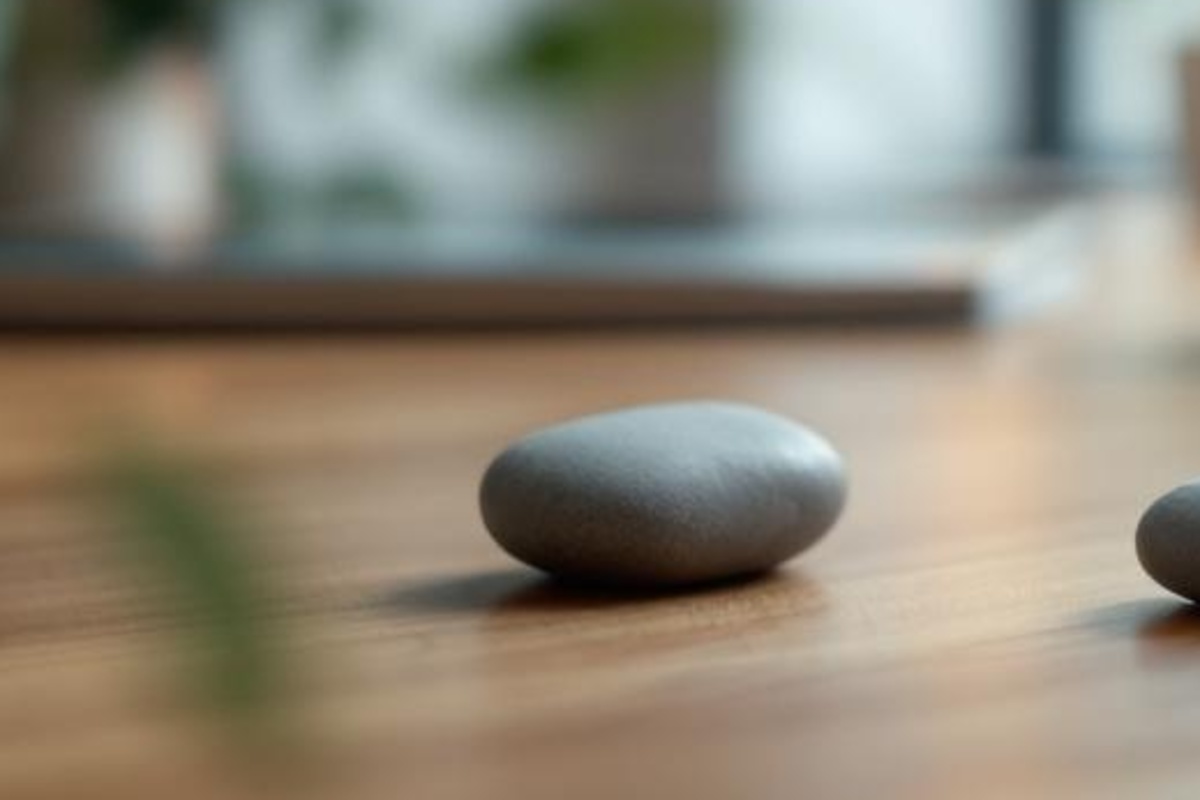 Smooth unmarked stones arranged on a wooden tabletop as a visual metaphor for organizing legal service categories.