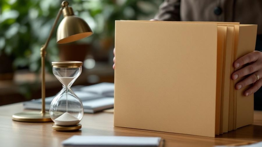 Estate planning intake coordinator preparing a callback plan at a warm law office desk with blank folders and no screens or text.