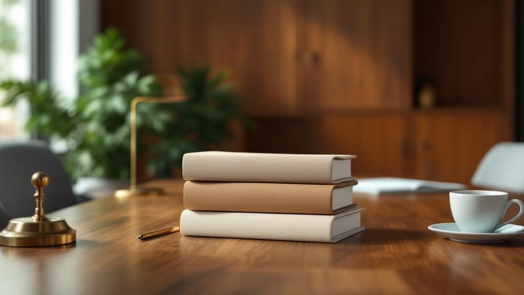Blank folders, fountain pen, coffee cup, and brass desk object on a warm law office table for a fee-clarity conversation.