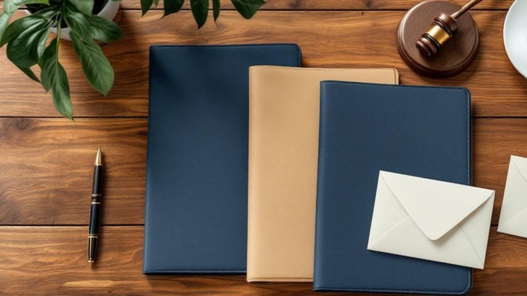 Blank folders, sealed envelopes, fountain pen, and gavel on a wood law office table with no writing or screens.