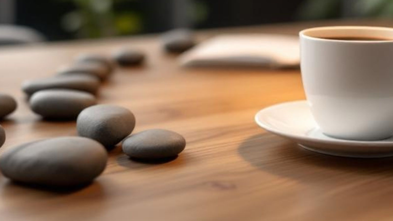 A calm wooden consultation table with smooth stones and a white coffee cup in warm professional window light.