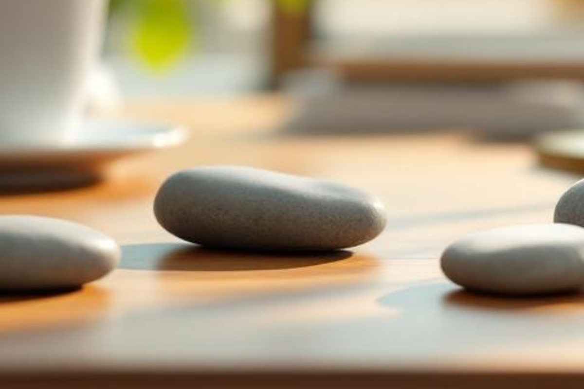 Smooth unmarked stones on a clean wooden consultation table in warm professional light.