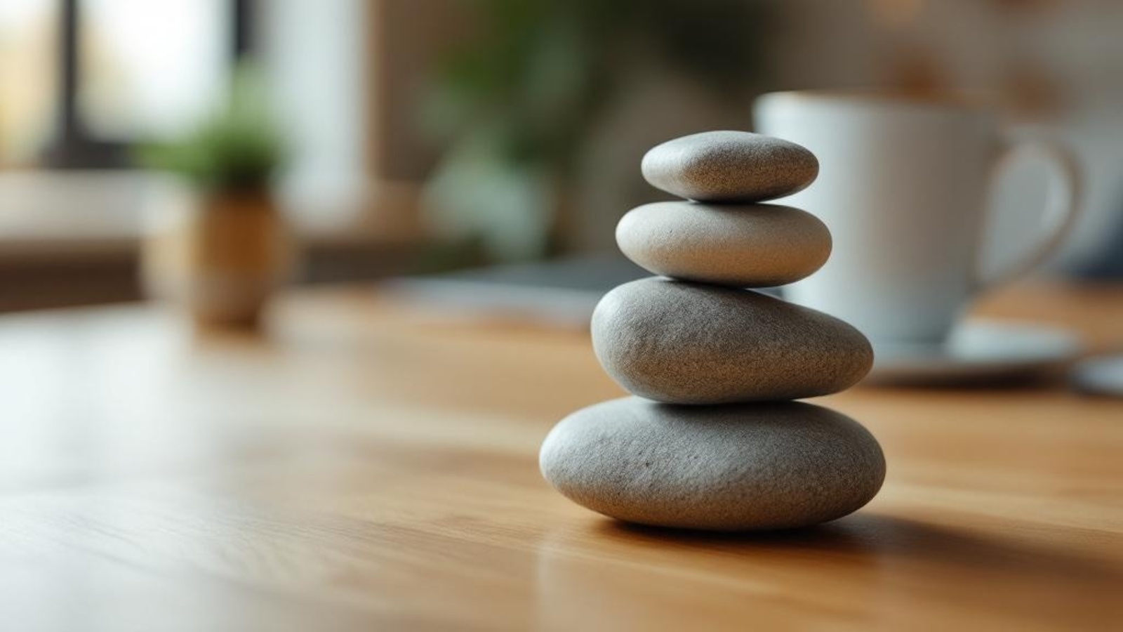 Smooth unmarked stones on a warm wooden tabletop, suggesting calm testimonial proof without papers or screens.