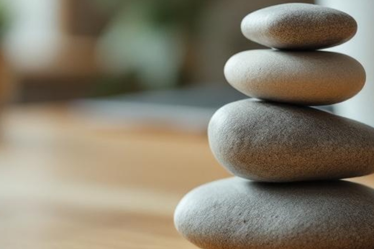Smooth unmarked stones on a clean wooden tabletop, representing balanced client proof without text or screens.