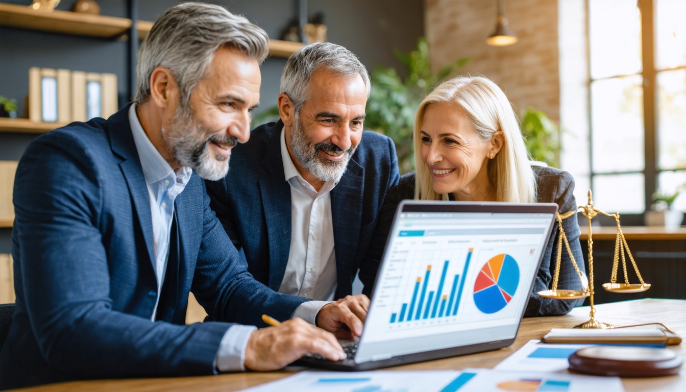 Estate planning attorney meeting with a couple in a modern office while reviewing website analytics on a laptop
