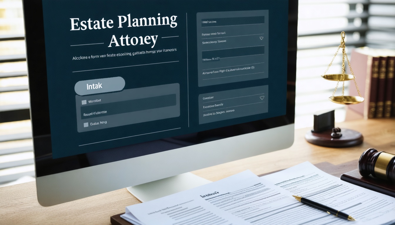 Desktop monitor showing an estate planning law firm website wireframe next to intake notes and legal documents