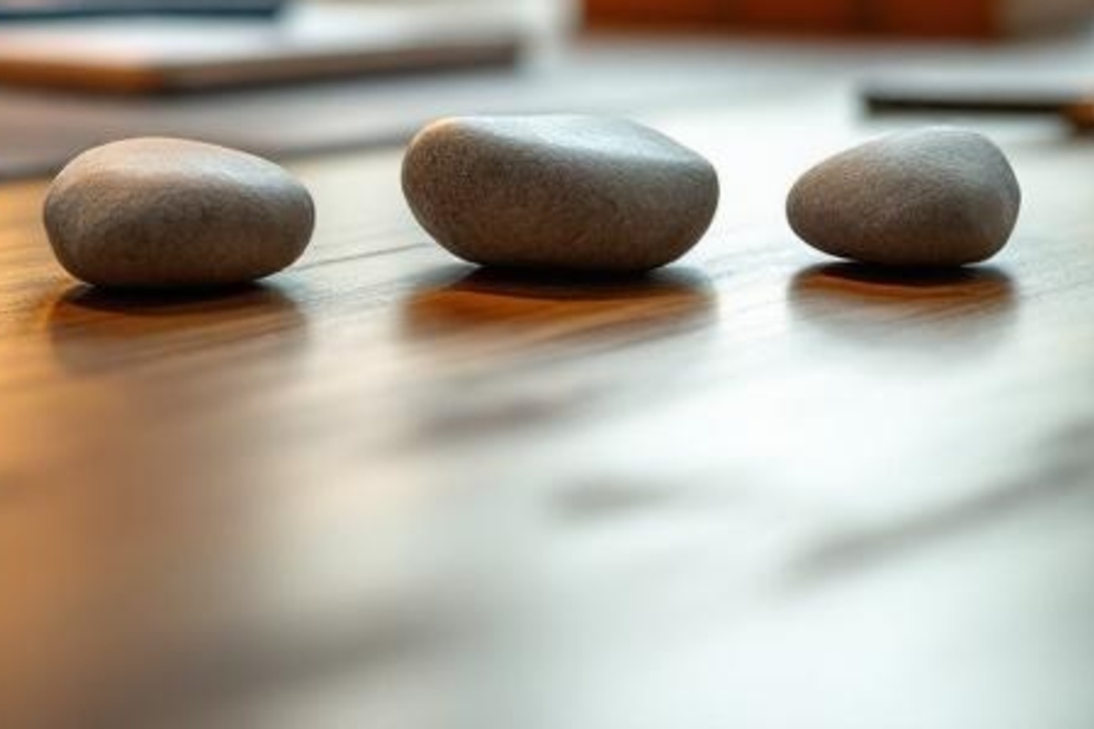 Close view of smooth stones on a wooden tabletop arranged into distinct paths for different client situations