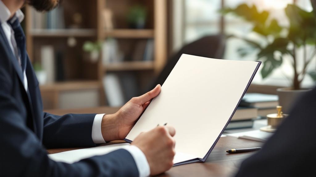 Estate planning attorney reviewing a closed client folder at a tidy wood desk with warm window light and no visible text or screens.