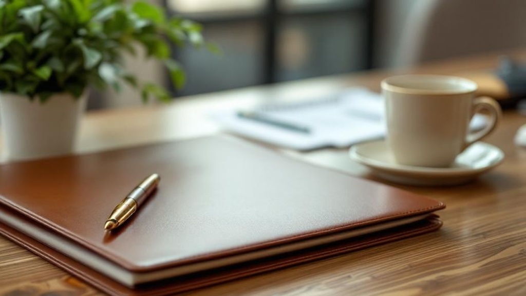 Blank follow-up folder beside a coffee cup and calendar blocks on a clean law office desk with no visible writing.