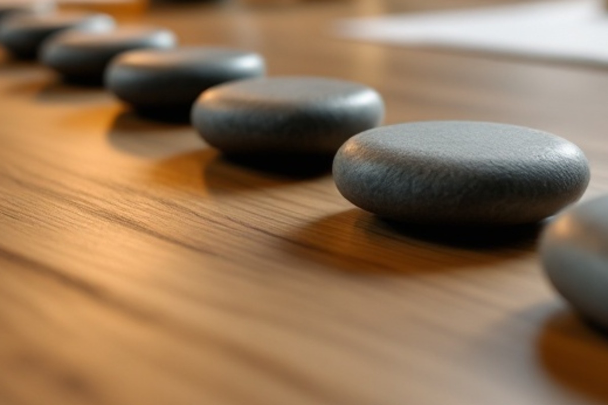 Smooth stones on a clean wooden tabletop, suggesting organized delivery steps without documents, screens, or text.