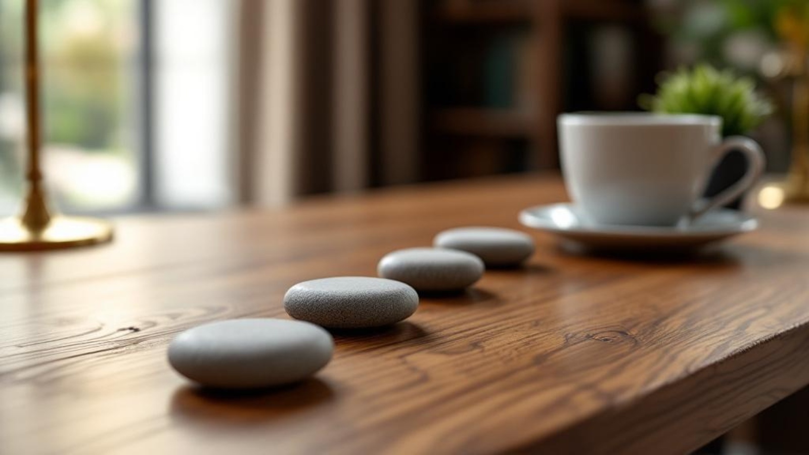 Smooth unmarked stones arranged on a warm wooden tabletop with a coffee cup, suggesting a calm step-by-step nurture path.