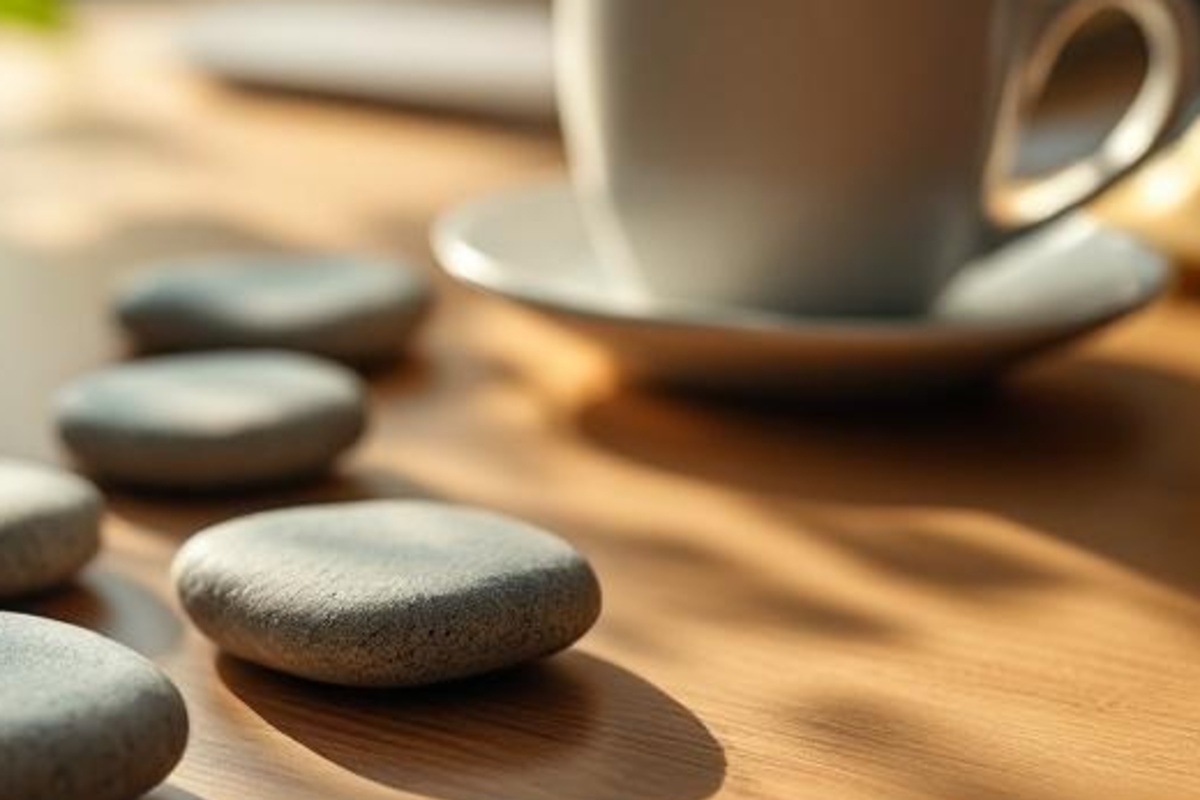 Smooth unmarked stones and a coffee cup on a warm wooden tabletop, symbolizing a steady email follow-up path.