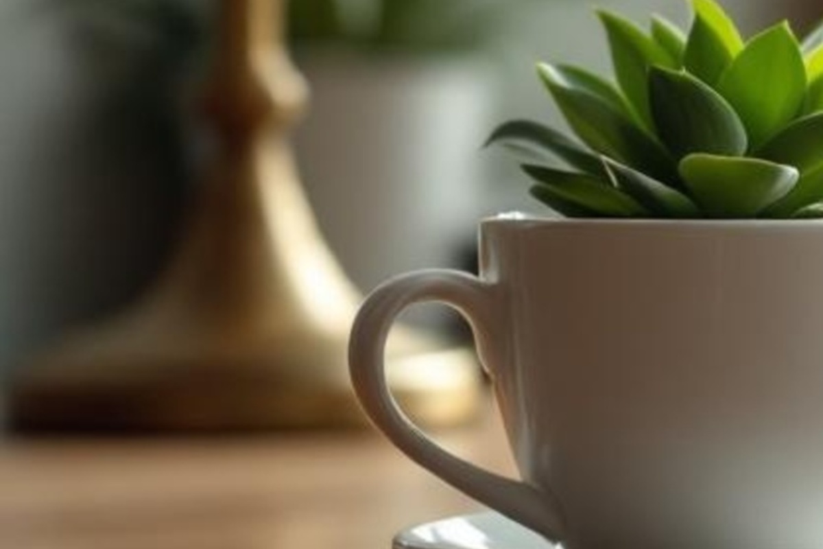 Small plant, coffee cup, and smooth stones on a warm wooden tabletop with no paper, text, or screens visible.