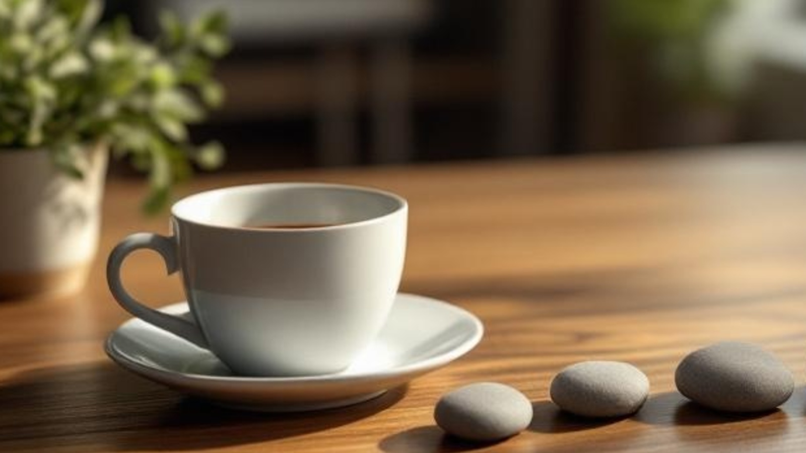 Warm professional tabletop with a ceramic cup, smooth stones, and small plant arranged as a calm planning workflow metaphor.