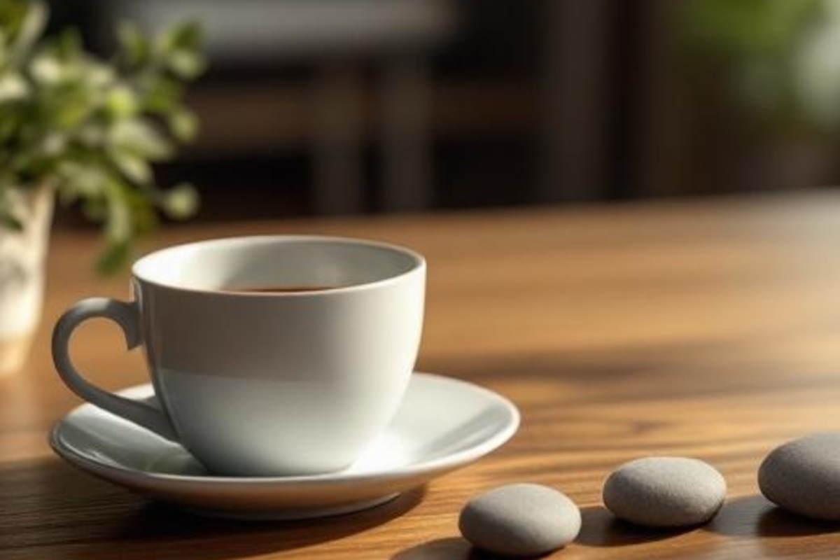 Calm law office tabletop with a ceramic cup, small plant, and smooth stones used as a simple workflow metaphor.