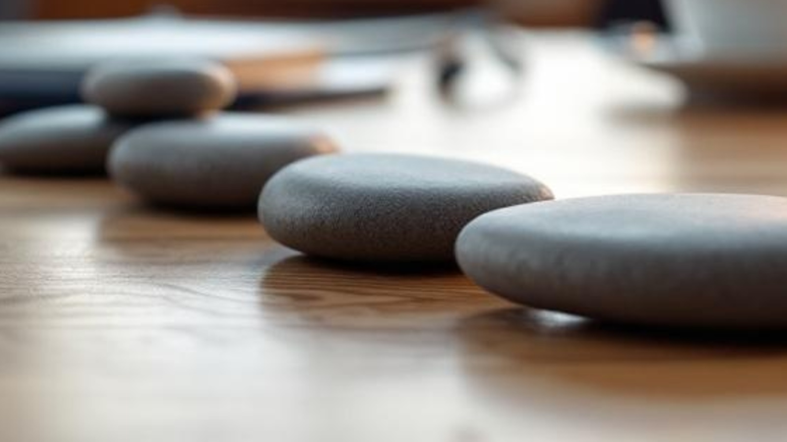 Smooth stones and a small green plant on a warm wooden tabletop, symbolizing a clear referral path for professional partners.