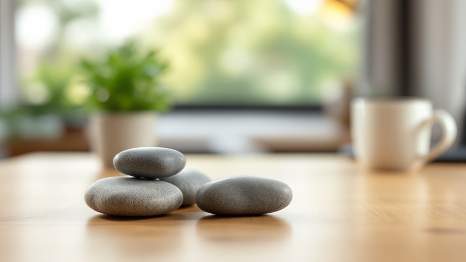 Smooth unmarked stones on a warm wooden tabletop, suggesting organized law firm systems without visible screens or text.