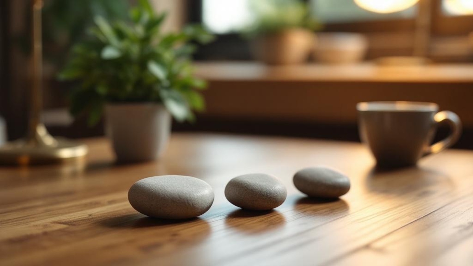 Smooth unmarked stones on a warm wooden tabletop with a small plant, symbolizing family members coordinating estate planning conversations.