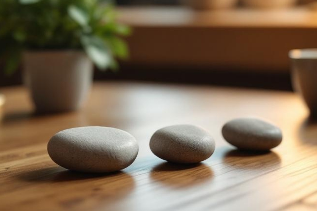 Smooth unmarked stones on a wooden tabletop, used as a calm metaphor for family estate planning decisions.