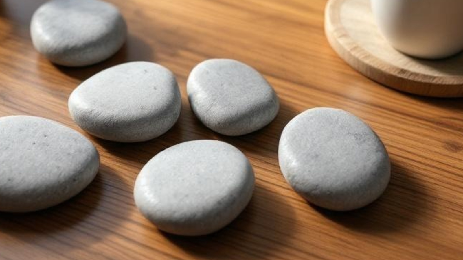 Smooth gray stones arranged near a coffee cup on a warm wooden tabletop, suggesting a calm path toward a seminar signup.