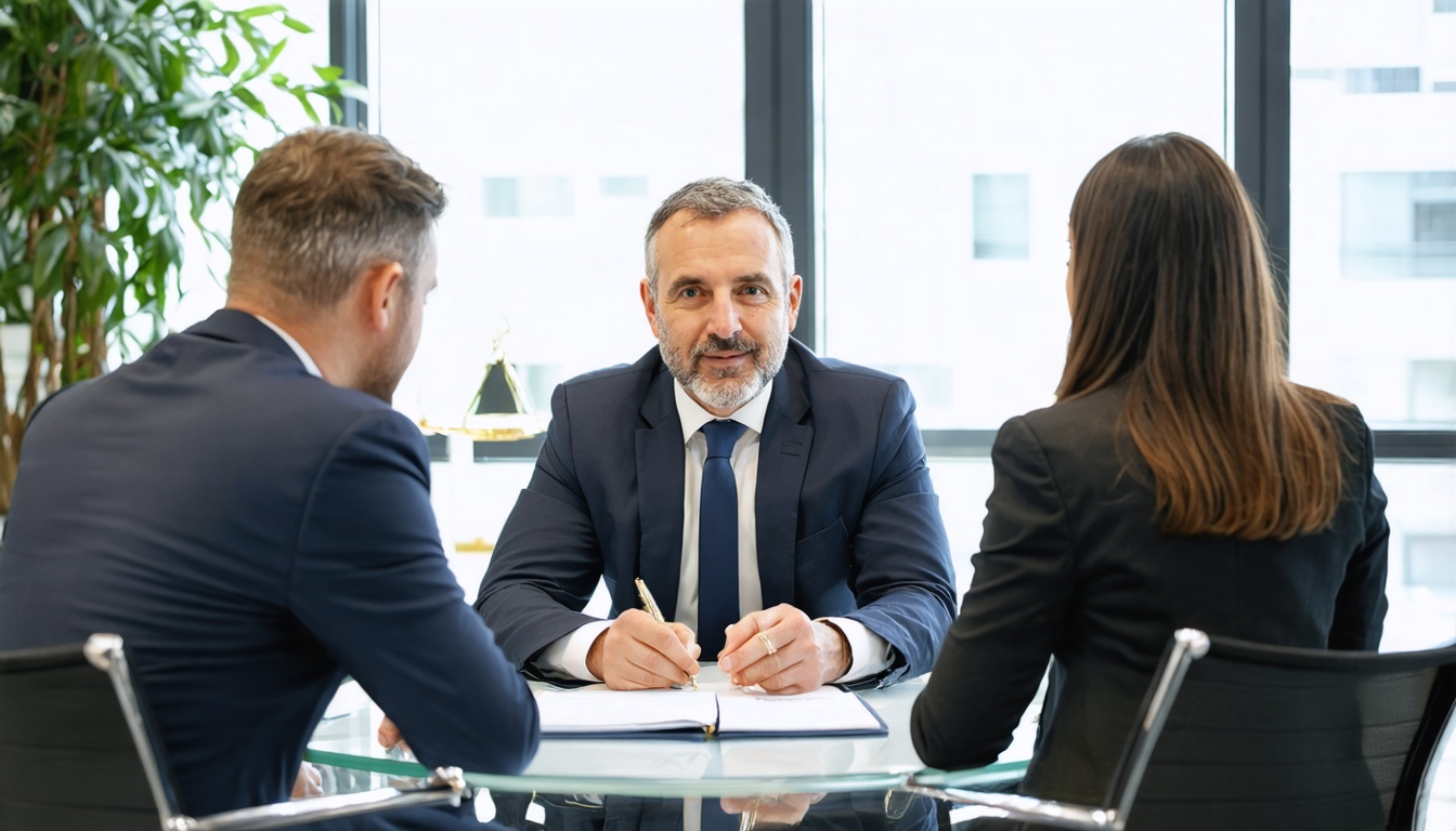Estate planning attorney meeting with a middle-aged couple in a modern law office