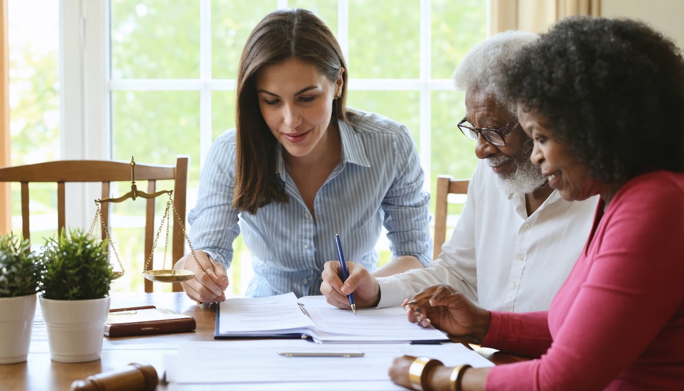 Adult daughter reviewing estate planning documents with aging parents at a table