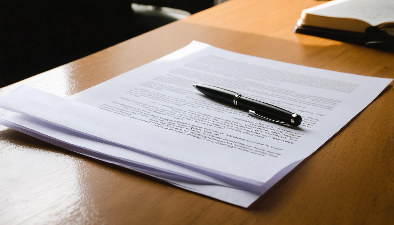 Close-up of legal documents and a pen on a clean wooden desk