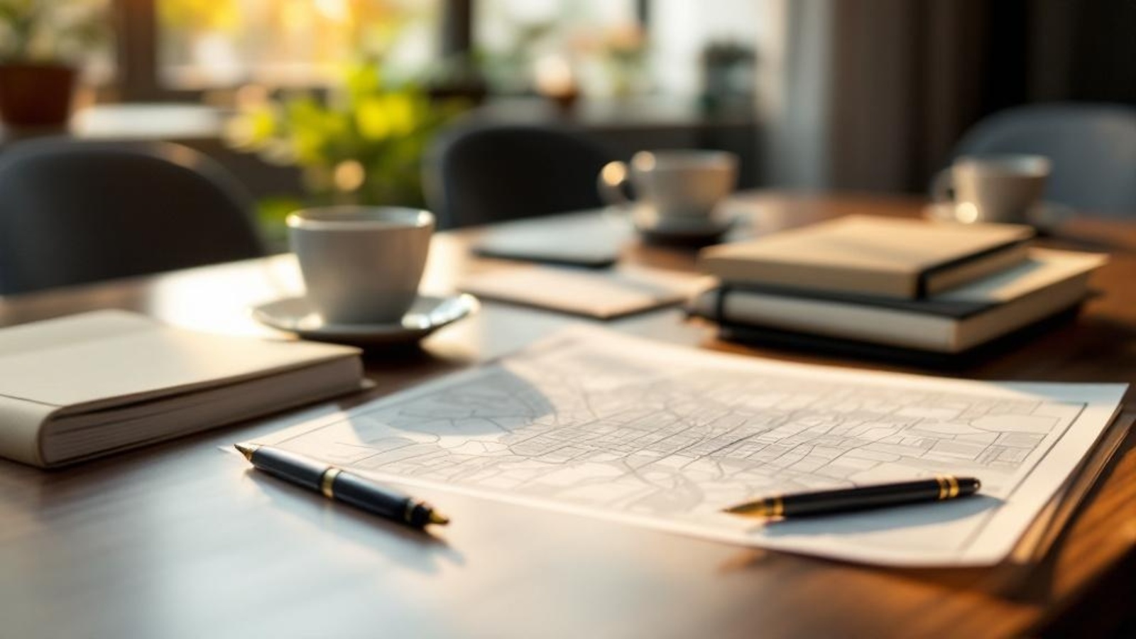 A tidy law office conference table with blank folders, a city map, coffee cups, and warm window light but no screens or text.