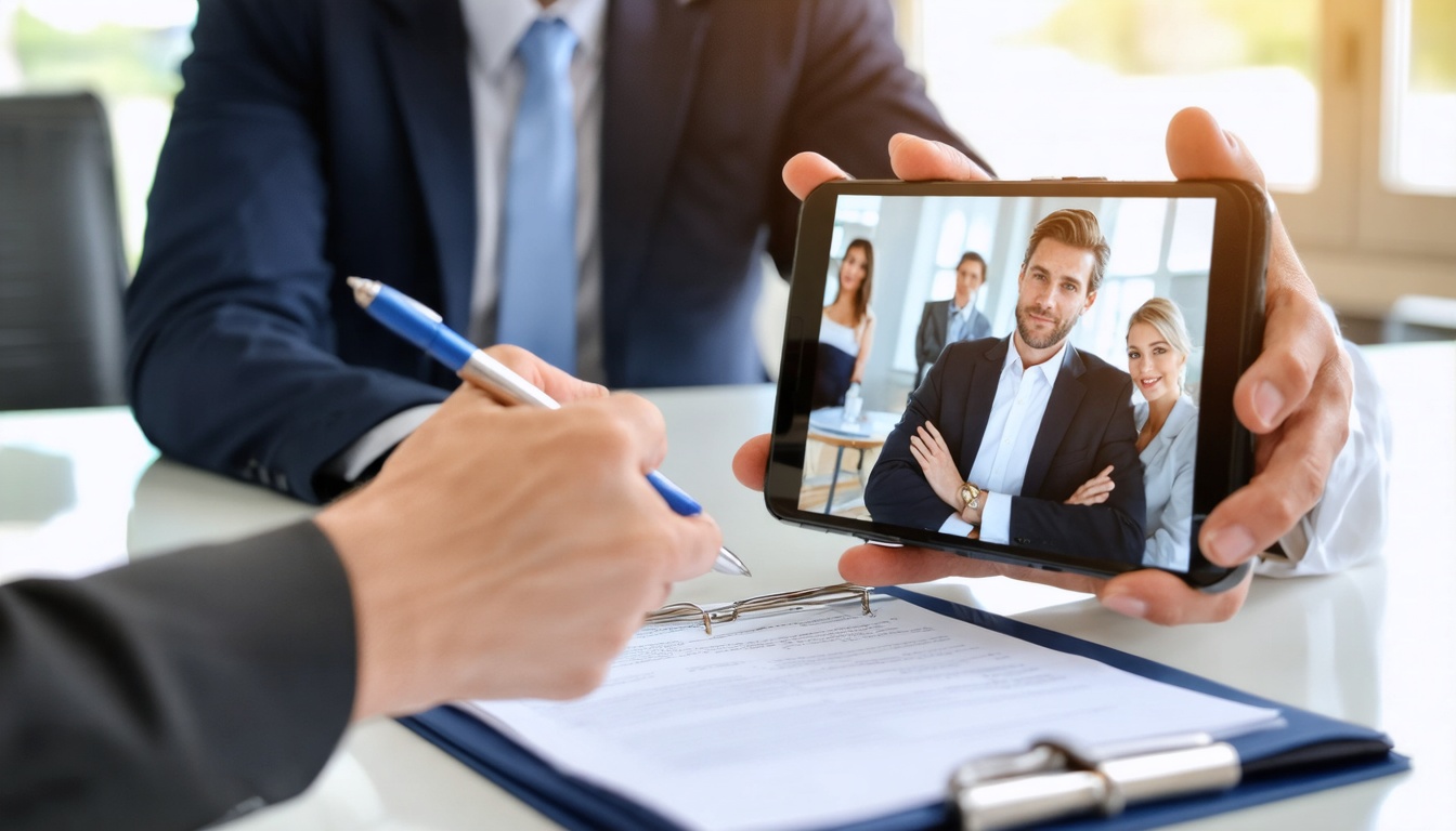 Estate planning attorney reviewing a modern law firm website with clients on a smartphone in a bright office
