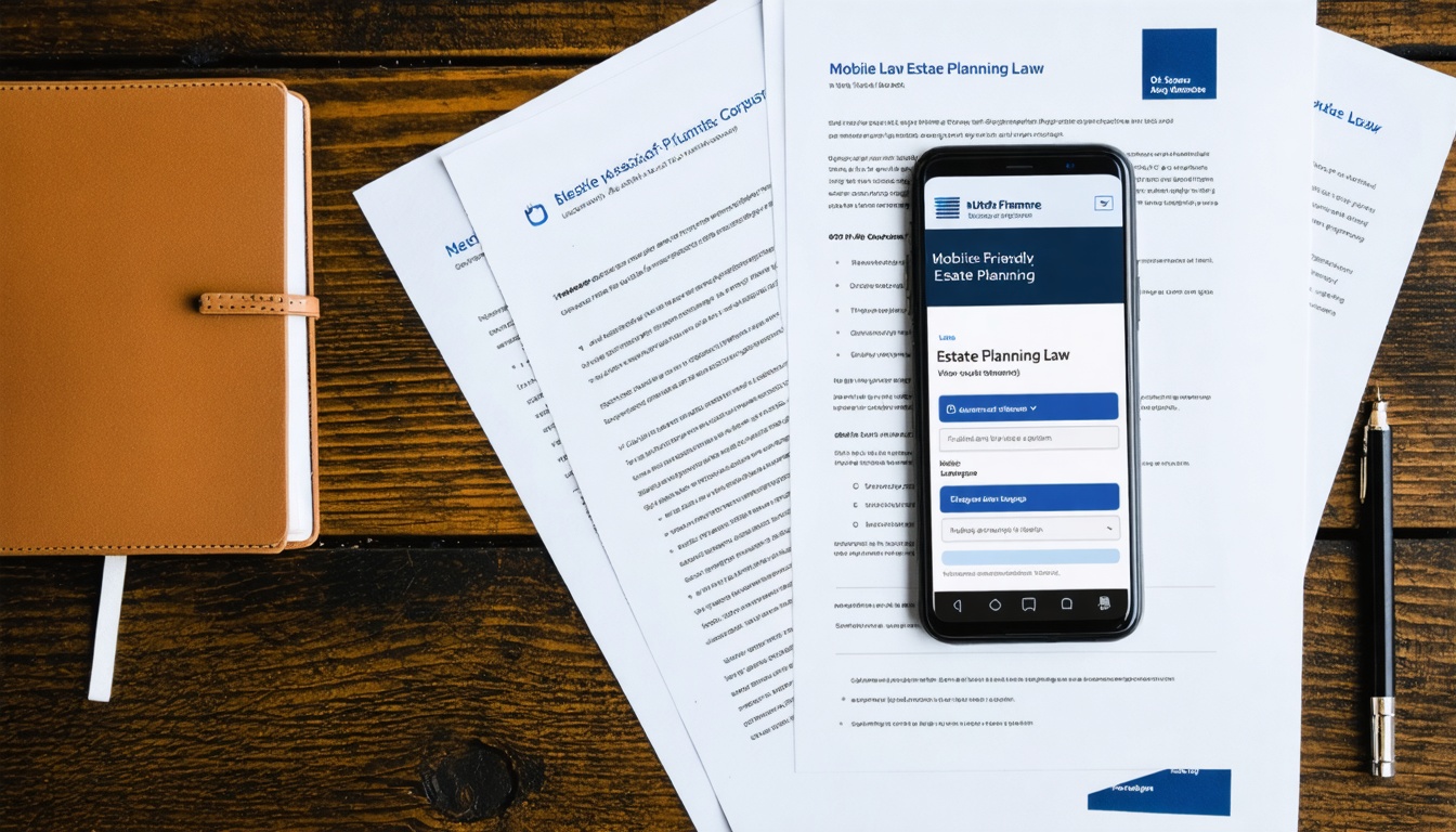 Mobile-friendly estate planning law website shown on a phone beside legal documents on a desk