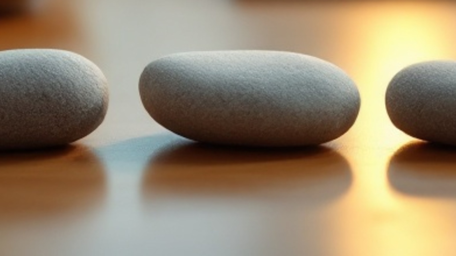 Smooth unmarked stones arranged on a warm wooden tabletop, suggesting a calm foundation for a new professional presence.