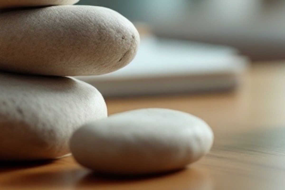 Smooth stones on a clean wooden tabletop, representing steady early trust signals for a new law firm.