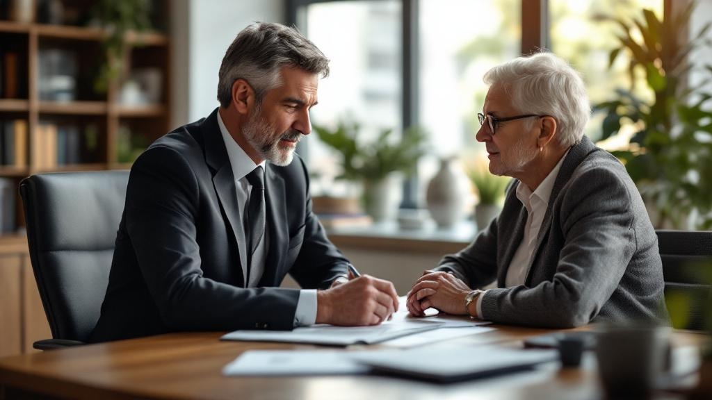 Probate lawyer consulting with an adult child and elderly parent in a modern law office