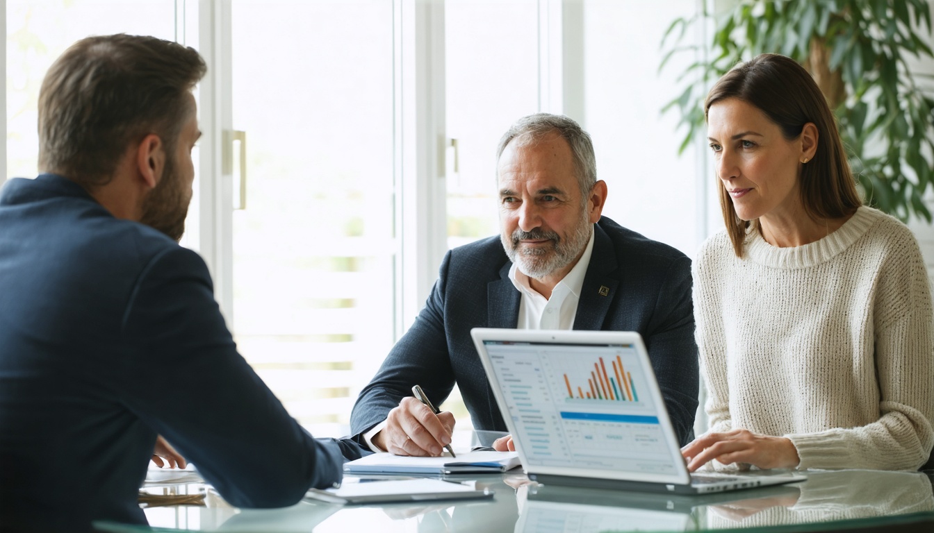 Estate planning attorney meeting with a couple in a modern office while reviewing AI search results on a laptop