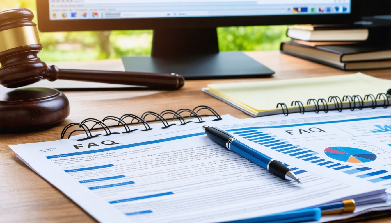 Estate planning attorney desk with legal documents, notes, and structured FAQ content on a computer screen