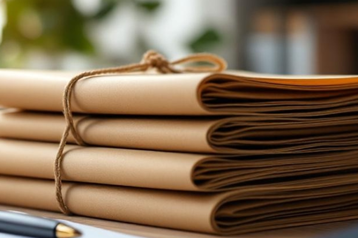 Two blank folders, a fountain pen, and warm desk lamp light arranged on a clean law office table without text.