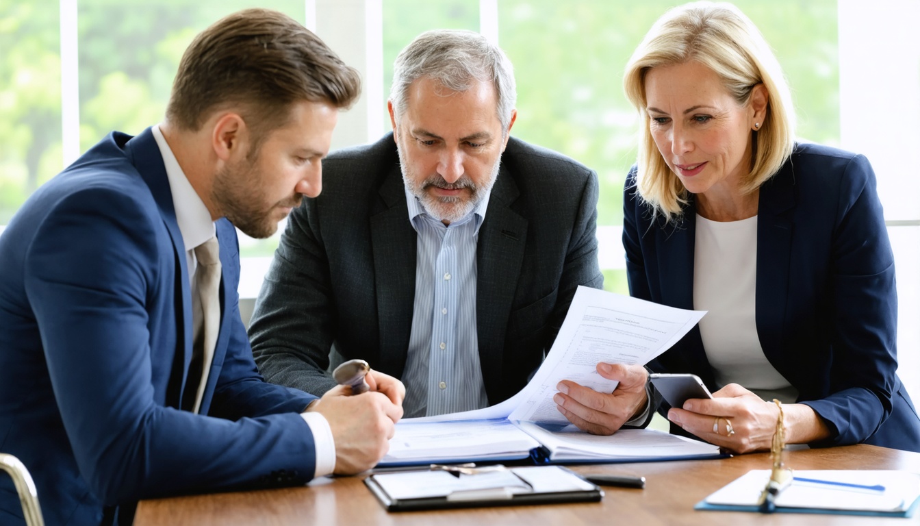 Estate planning attorney consulting with a couple while reviewing smartphone search results in a modern law office