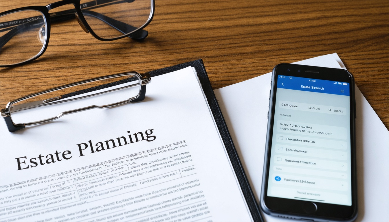 Smartphone voice search interface beside estate planning documents and legal notes on a desk